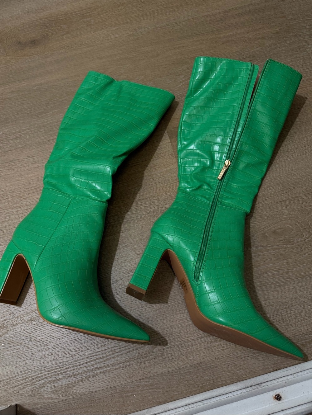 Green Croc-Embossed Mid-Calf Heel Boots